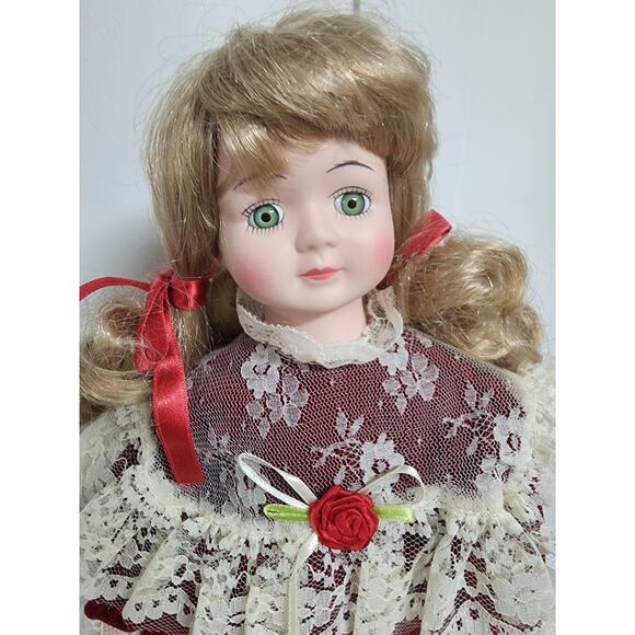 Vintage Tender Hearts Porcelain Doll No. 594 Red Velvet Lace Dress w/ Stand - Picture 8 of 10